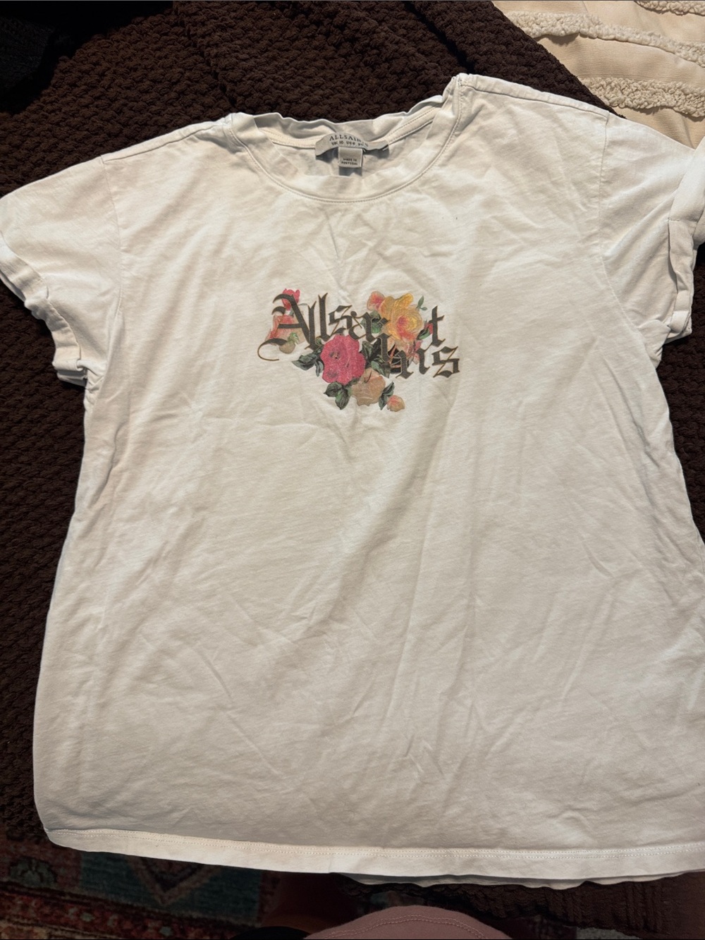 All Saints White Tee with Floral Gothic Logo